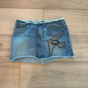 Carmar LF Raw Edge Denim Mini Skirt with Bird Appliqué Size 23